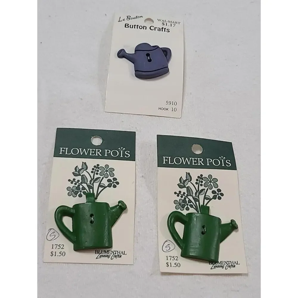 VTG Buttons 3 Watering Cans‎ 2 Green/1 Blue Plastic 2-Hole Sewing Crafting NOS